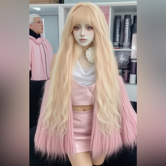 Sissy Princess Extra Long Curly Blonde Cosplay WigWith Bangs Lolita Wig 44 inch - Picture 2 of 6